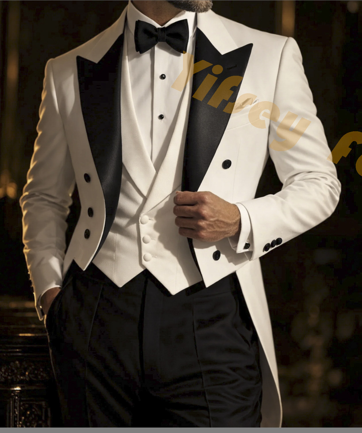 Men Grooming Outfit - ชุดสูทผู้ชายสีขาว แจ็คเก็ตทรงหางยาว กางเกงสีดำ ชุดแต่งงานเจ้าบ่าว ตัดเย็บตามสั่ง ชุดสำหรับงานเลี้ยงอาหารค่ำ