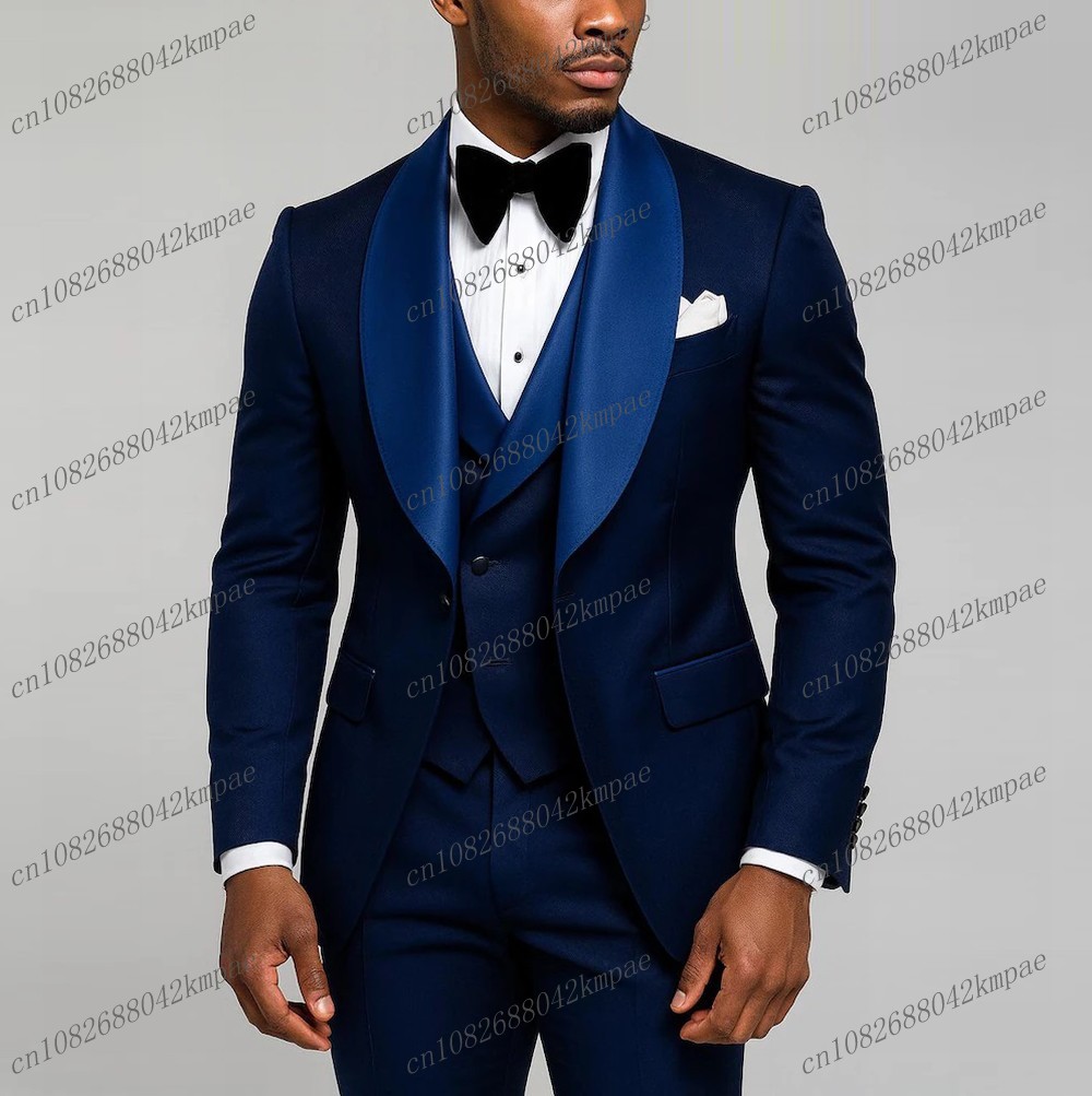 Men Grooming Outfit - ชุดสูทผู้ชายสีน้ำเงินกรมท่าแบบเป็นทางการสำหรับเจ้าบ่าว เพื่อนเจ้าบ่าว งานแต่งงาน งานพรอม ธุรกิจ ชุดทักซิโด้ชาย