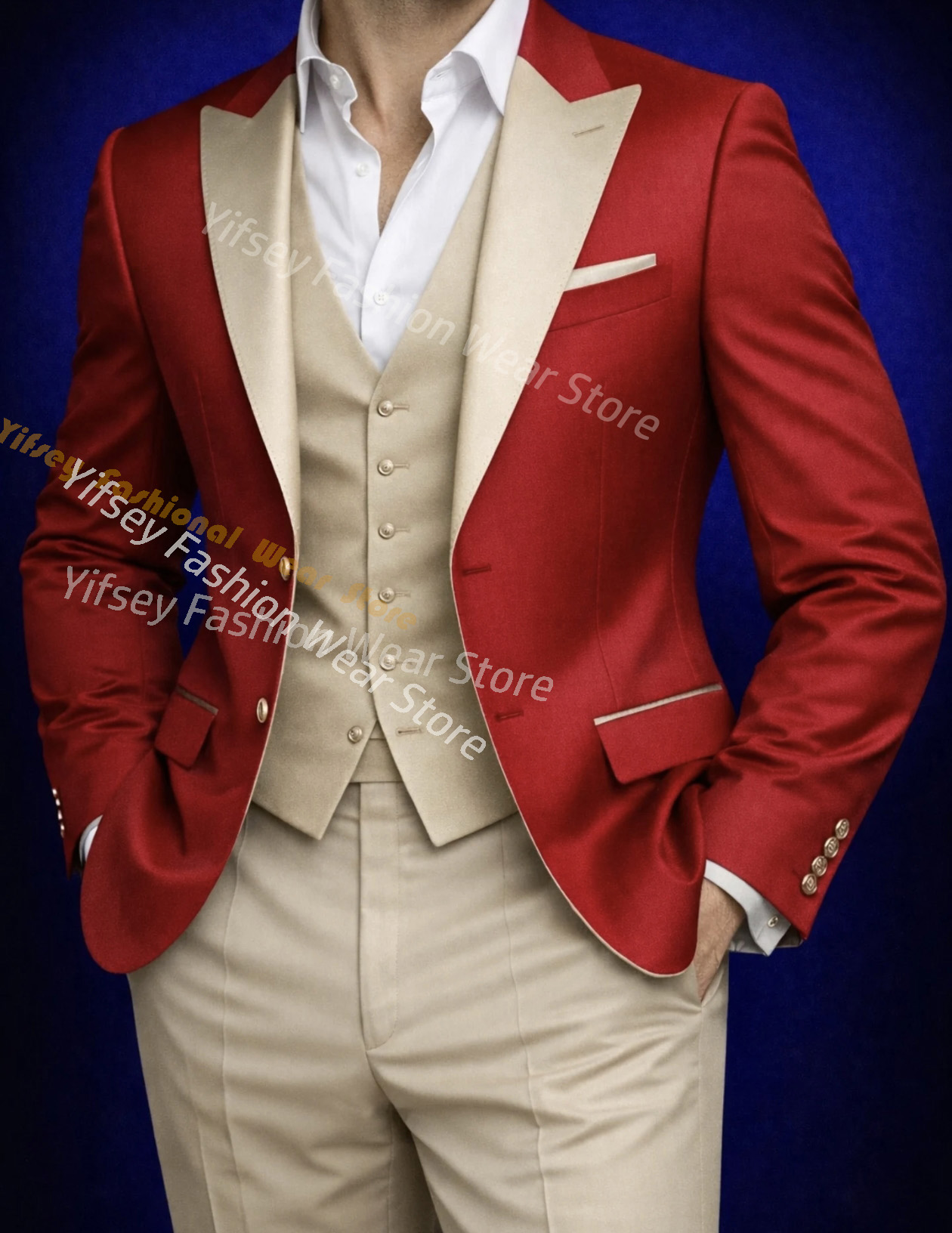 Men'S Grooming Brands - ชุดสูทผู้ชายสีแดงแบบเต็มตัว ชุดแต่งงานเจ้าบ่าวสั่งตัดได้ แบรนด์หรู เสื้อแจ็คเก็ต เสื้อกั๊ก กางเกงขายาวทรงเข้ารูป