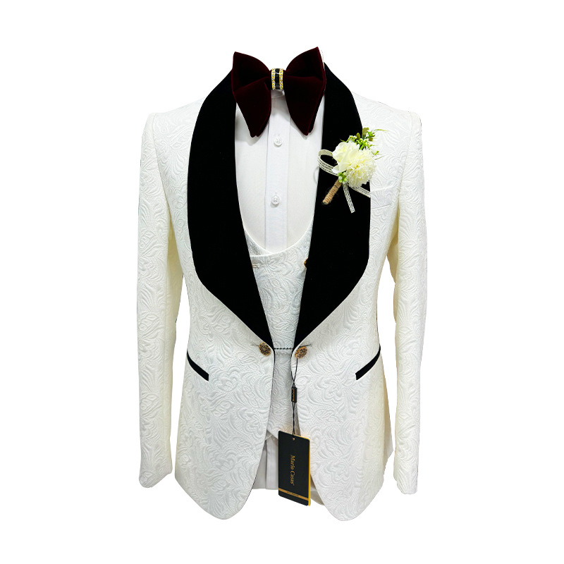 Men Grooming Outfit - ชุดสูทแต่งงานผู้ชาย Thorndike สีขาวลายแจ็คการ์ด พร้อมปกซาตินสีดำ ชุดทักซิโด้ 3