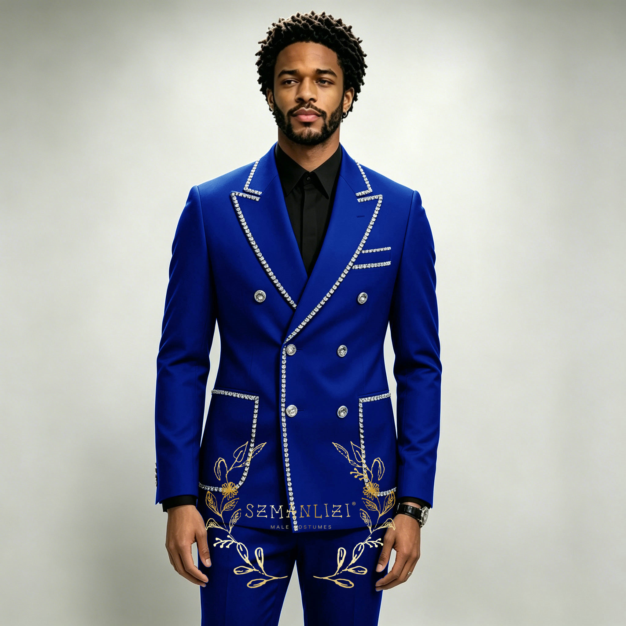 Men Grooming Outfit - ชุดสูทผู้ชายสุดหรู 2 ชิ้น สีน้ำเงินรอยัล ประดับคริสตัล ปกแหลม
