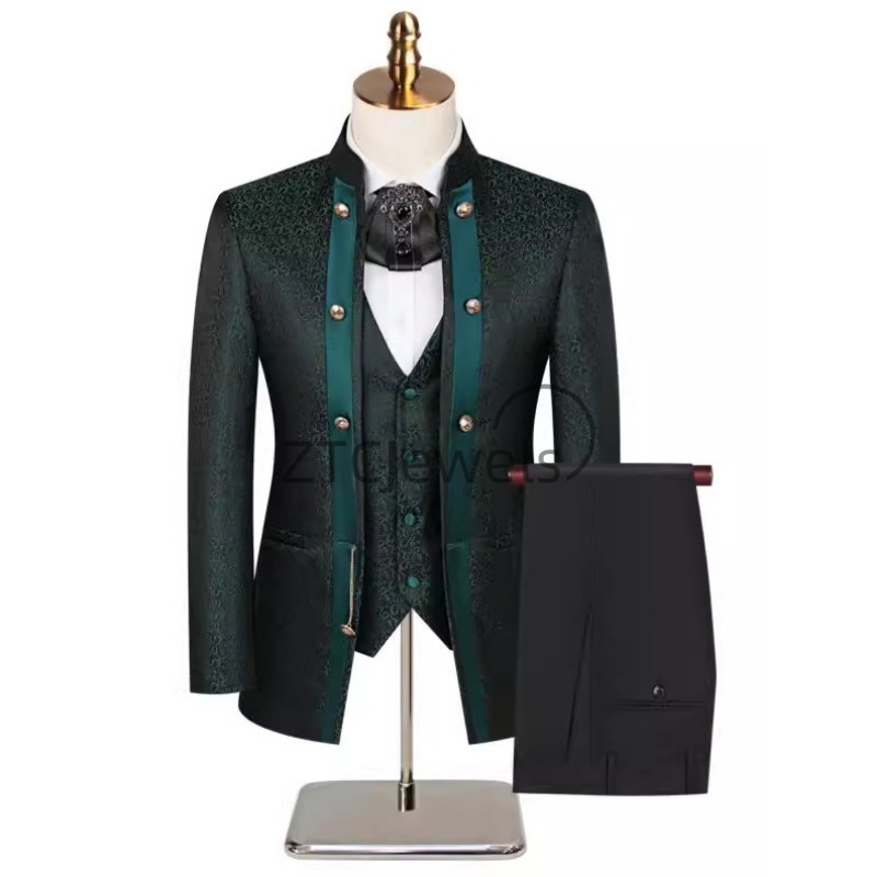 Men'S Grooming And Style - ชุดสูทผู้ชายสไตล์จีนใหม่ปี 2026 พร้อมปกเสื้อสีเขียวลายผลไม้และลายดอกไม้สีเข้ม ชุดงานเลี้ยงงานแต่งงาน ชุดเจ้าบ่าวและเพื่อนเจ้าบ่าว ชุด