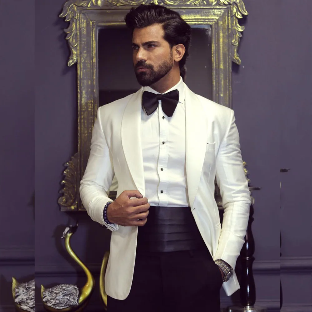Men Grooming Outfit - แจ็กเก็ตสีดำสีขาวสไตล์อังกฤษแบบคลาสสิกผ้าคลุมไหล่2ชิ้นหรูหราสำหรับงานแต่งงานของเจ้าบ่าวปกเสื้อกระดุมแถวเดียวสำหรับงานเลี้ยงทางการ