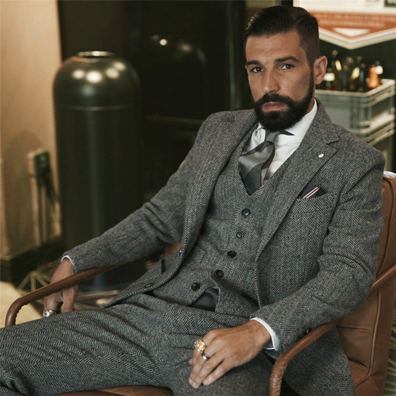 Men Grooming Outfit - ผ้าขนสัตว์สีเทา Tweed ชุดฤดูหนาวสำหรับชาย Herringbone Slim Fit